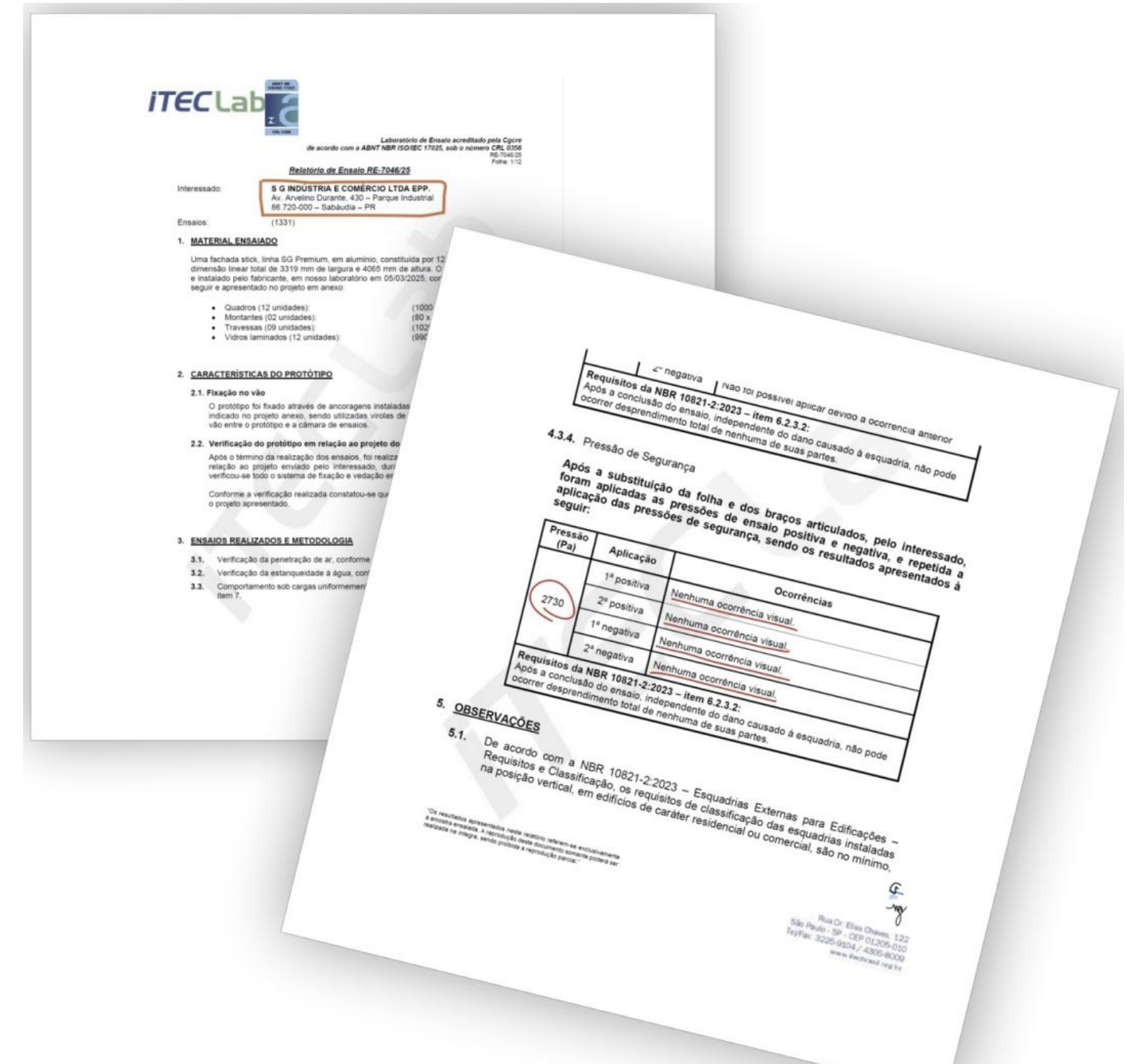 Relatório de Ensaio RE-7046/25 — ITECLab — Homologação ABNT NBR 10821 do Sistema SG Premium